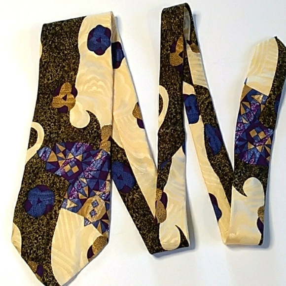 BASIC‎ ELEMENTS Silk Necktie Made in Italy Cream/Blue Abstract Artsy 58” - Picture 3 of 7
